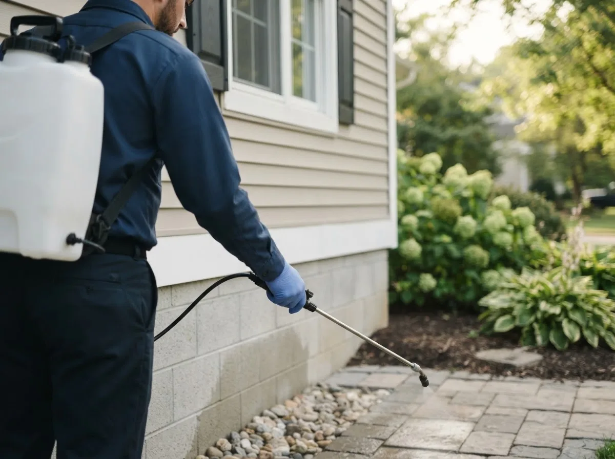 Pest control technician inspecting a home in Whipple, OH